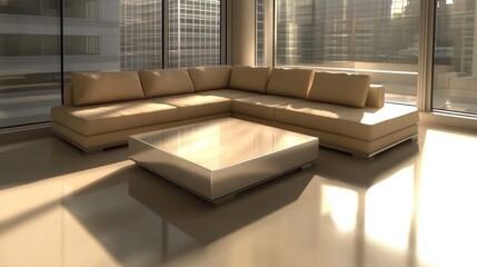 Sunlight fills modern living room with couch, table, large windows, city view