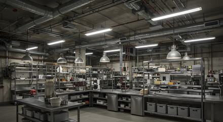 Fototapeta premium Industrial Kitchen Interior Design With Stainless Steel Shelving And Appliances