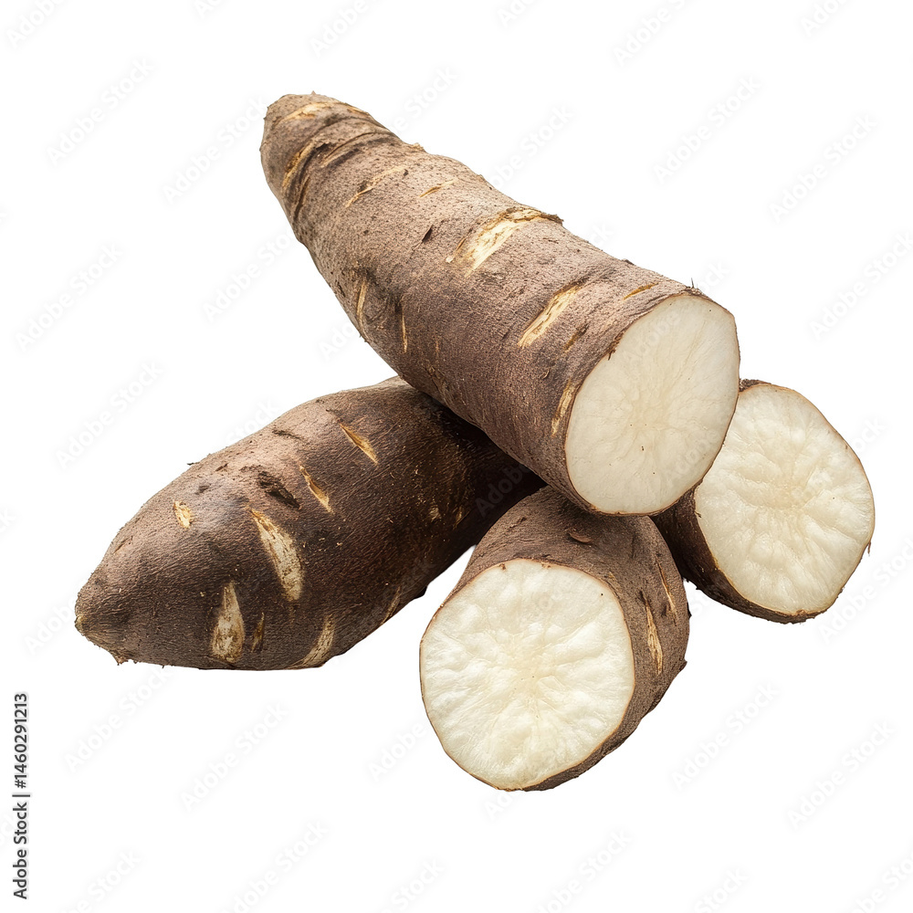 Poster cassava root displayed on a clean white background showcasing its unique texture and shape, cassava 
