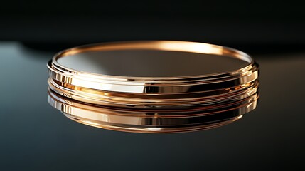 Polished, rose-gold, circular, decorative, metal, object, displayed, on, dark, reflective, surface.