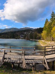 lake in the mountains, wooden bridge, lake Jasna, Slovenia