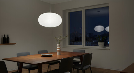 Atmospheric Dining Room With Elegant Hanging Lamp And City Night View
