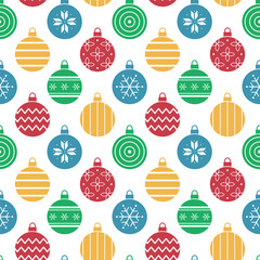 Fototapeta premium Christmas Balls Ornaments Pattern. Seamless Colorful Geometric Print with Christmas Ornament. Trendy Flat Style Background. Can be used for Packaging, Cover. Vector in Red, Blue, Green, Yellow, White