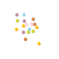 Small round candies icons. Colorful dragees, multicolored glazed chocolate and fruit buttons