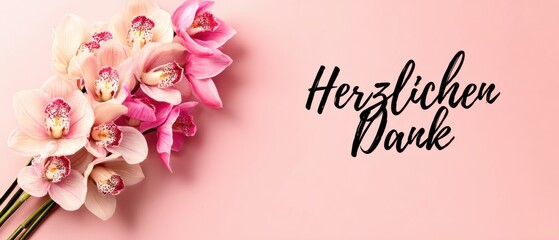 Elegante Rosa Orchideen mit Herzlichen Dank Botschaft auf zartrosa Hintergrund für Grußkarten und Dankbarkeit