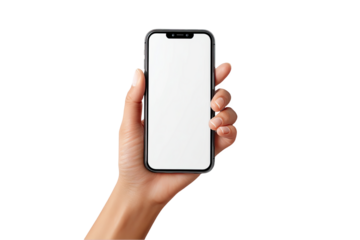 Woman hand holding smartphone with blank screen modern device app girl on transparent background