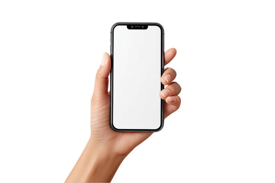 Woman hand holding smartphone with blank screen modern device app girl on transparent background