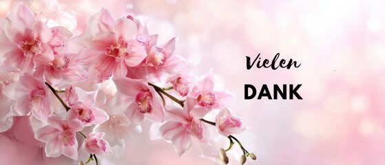 Obraz premium Zarte Rosa Orchideenblüten mit Vielen Dank Grußbotschaft auf verschwommenem, elegantem Hintergrund für Dankbarkeit und Wertschätzung