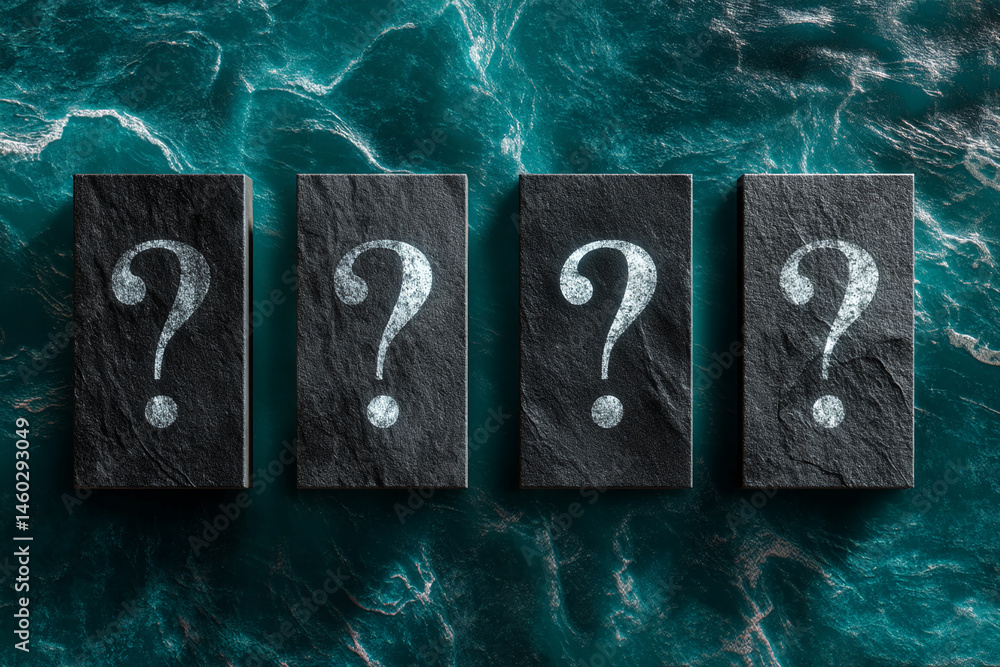 Poster four dark grey stone tiles with white question marks, arranged on a teal textured background, symbol