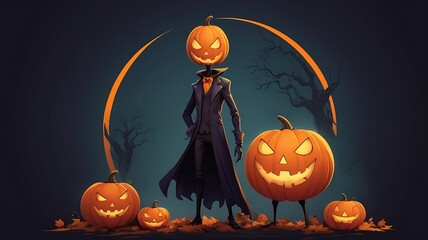 Stylized Halloween Pumpkin Head Wizard in Spooky Forest with Glowing Jack o Lanterns, Full Moon, and Flying Bats Fantasy Night Illustration