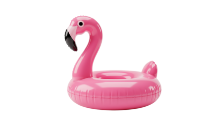 Isolated pink flamingo inflatable pool float on a black background in a studio setting view from the side