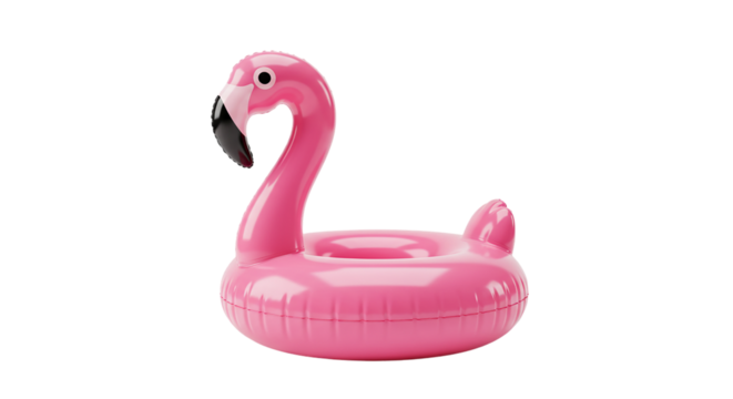 Isolated pink flamingo inflatable pool float on a black background in a studio setting view from the side