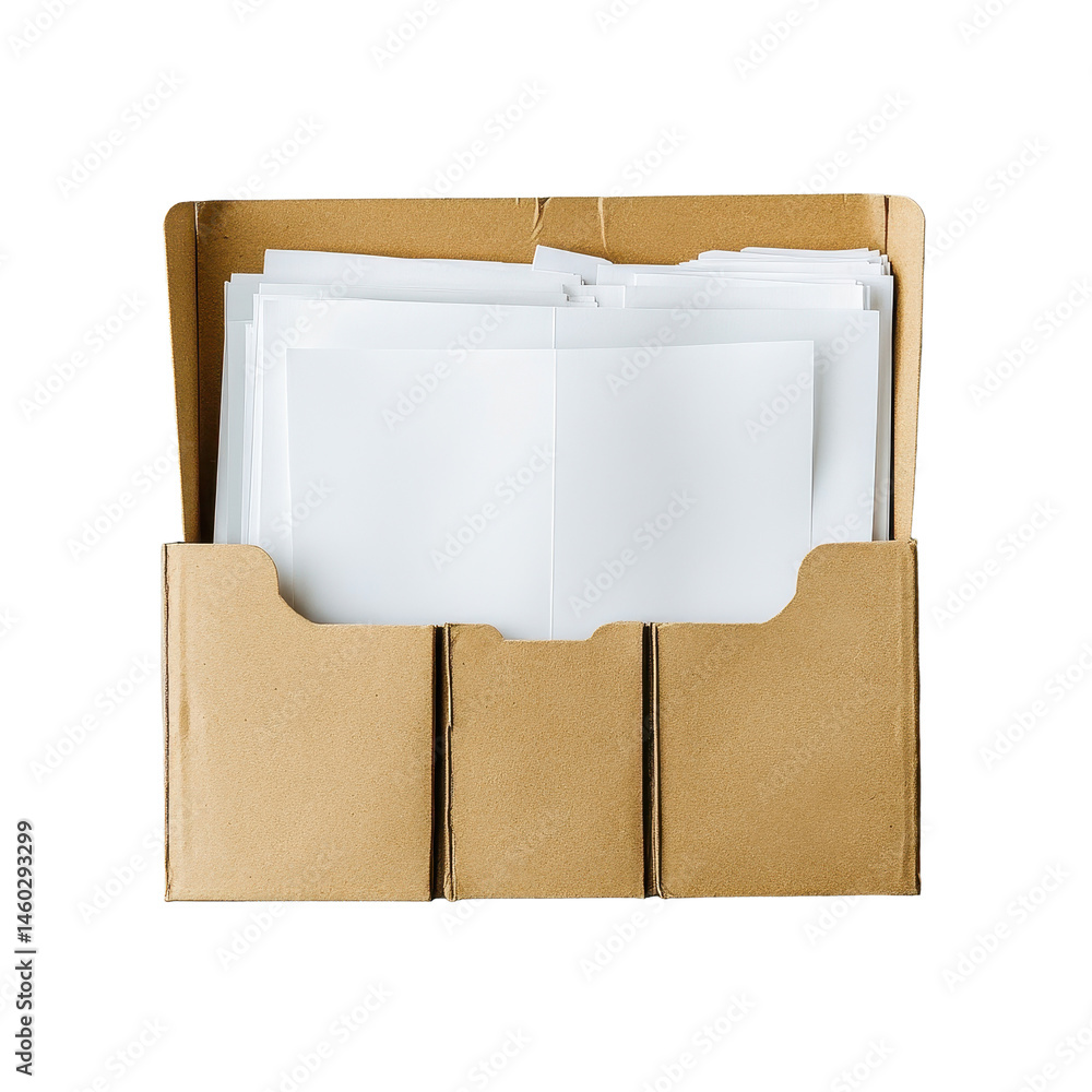 Aufkleber opened file folder displaying blank white papers organized inside on a blue background, opened file 