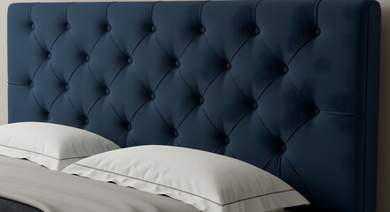 Obraz premium Comfortable Bedroom Interior Featuring A Blue Tufted Headboard And Pillows