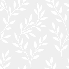 Seamless botanical pattern, abstract ornament of simple hand drawn silhouettes of plants. Floral print, small branches, tiny leaves, foliage on background. Vector illustration