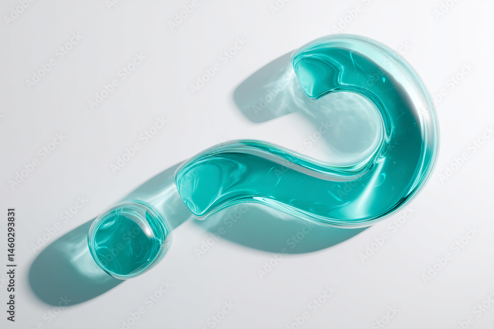 Poster turquoise liquid question mark, glossy texture, forms a flowing shape on white background, symbolize