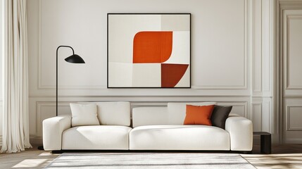 Cozy sofa in bright living room with modern art for relaxation or home decor