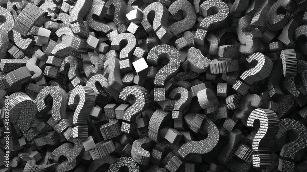 Poster Pile of textured gray question marks, creating a chaotic yet intriguing visual, symbolizing uncertainty, inquiry, or the search for answers
