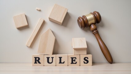 Wooden Blocks Spelling RULES with Gavel, Concept of Law, Order, and Regulations