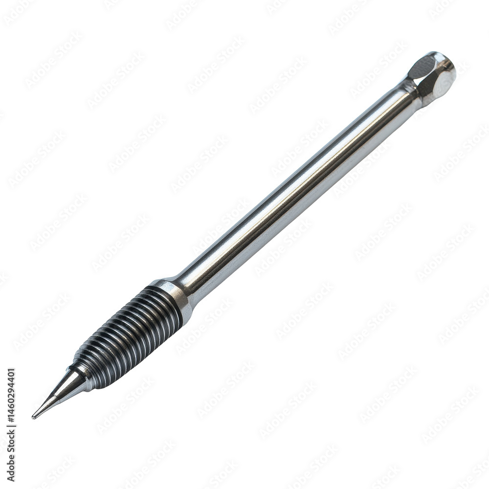 Poster metal screwdriver with a pointed tip isolated on a clean transparent background for optimal visibili