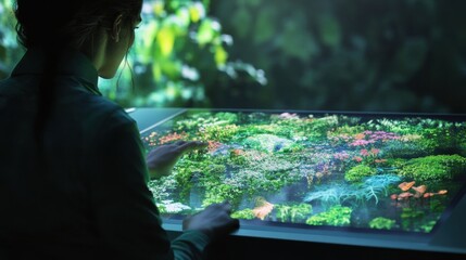 Person interacts with interactive digital display of flora.