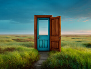 Wooden door standing alone in a grassy field 