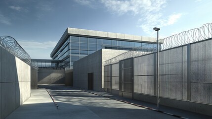 Exterior view of a modern building with security fencing and barbed wire under a cloudy sky