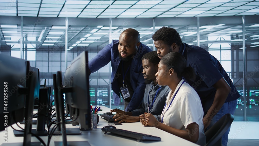 Poster coworkers in data center doing brainstorming, implementing ai predictive maintenance systems. server