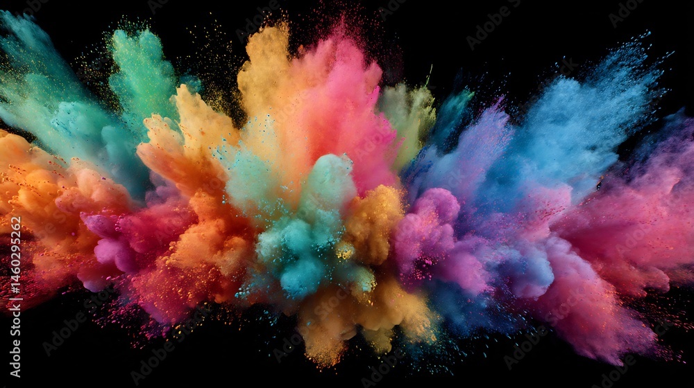 Poster explosion of vibrant colors against a dark backdrop creates dynamic visual effect