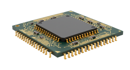 A close up shot of a microchip on a green circuit board with gold pins on a black background