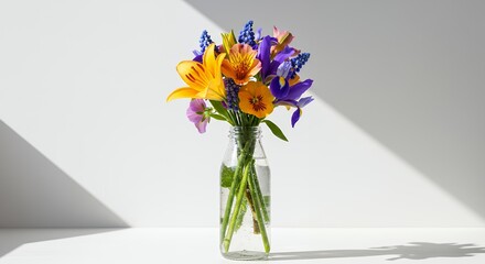 Colorful flower bouquet in a glass vase against a white background