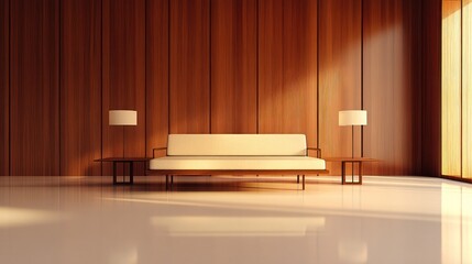Living room setup with sofa and table lamps against a wooden wall with light
