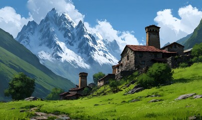 Fototapeta premium Picturesque mountain village nestling among towering peaks