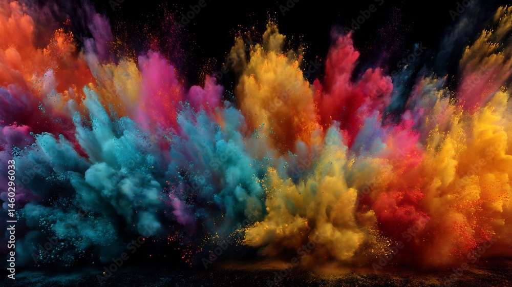 Poster chromatic haze: a dynamic explosion of vibrant pigment against a dark void