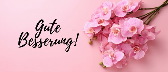 Zarte Rosa Orchideen mit Gute Besserung Schriftzug auf pastellrosa Hintergrund für Genesungswünsche und positive Botschaften