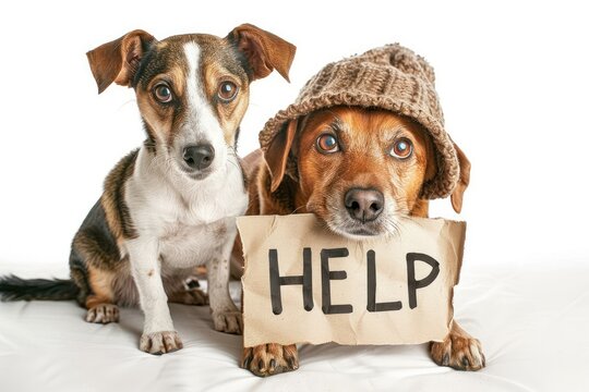 Two dogs holding help sign showing poverty and need