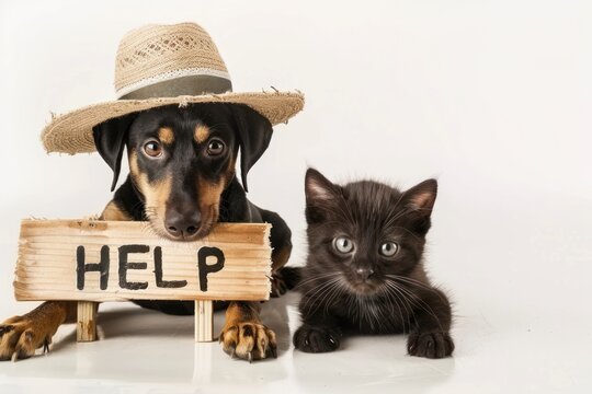 Dog and cat holding help sign seeking adoption