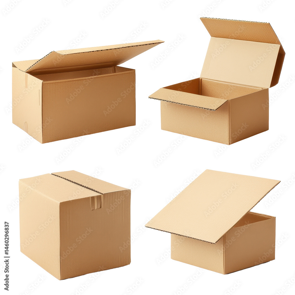Poster open and closed cardboard boxes displayed on a white background for packing and storage solutions, c