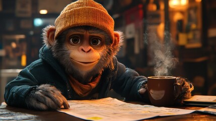Monkey wearing a beanie and jacket studies a map while holding a steaming cup of coffee in a cafe setting, thoughtful pose on a transparent background, PNG image, PNG file.