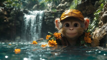 Fototapeta premium Charming monkey in a cap in a clear stream surrounded by flowers, staring with curiosity into camera; verdant jungle backdrop. on a transparent background, PNG image, PNG file.