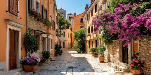 Obraz premium Quaint European Street with Flowers