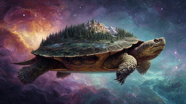 Celestial Turtle Bearer of Landscape Journeying Across Cosmic Nebulae Canvas