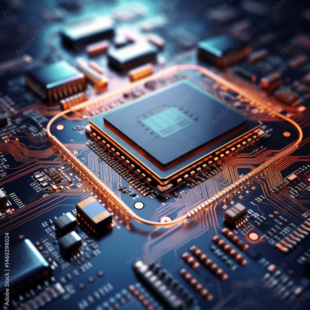 Aufkleber advanced microprocessor on a dark blue circuit board close up technology