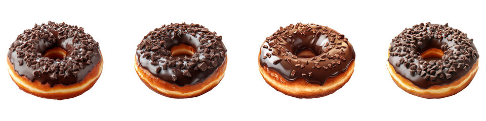 Set, group, collection of chocolate donut isolated on a transparent background.