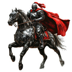 A Cartoon Knight in Silver Armor Riding a Horse with a Red Cape Isolated on Transparent Background