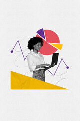 Creative banner collage of young woman use netbook gadget report charts on white background