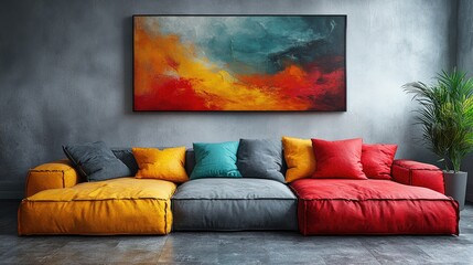 Colorful sectional sofa with abstract art piece.