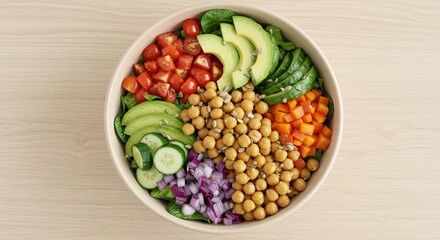 Bowl of colorful salad with fresh ingredients (avocado, chickpeas, vegetables), top view, light wooden background &mdash; clean editorial style, high detail
