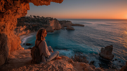 Stylish Young Woman Traveler Watching Sunset on Rocky Beach &ndash; Cape Greco, Cyprus, Popular European Summer Destination