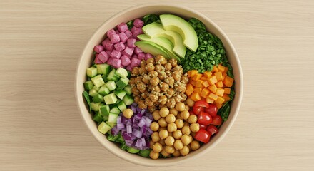 Bowl of colorful salad with fresh ingredients (avocado, chickpeas, vegetables), top view, light wooden background &mdash; clean editorial style, high detail